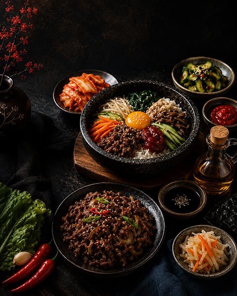 Korejské bibimbap a bulgogi
