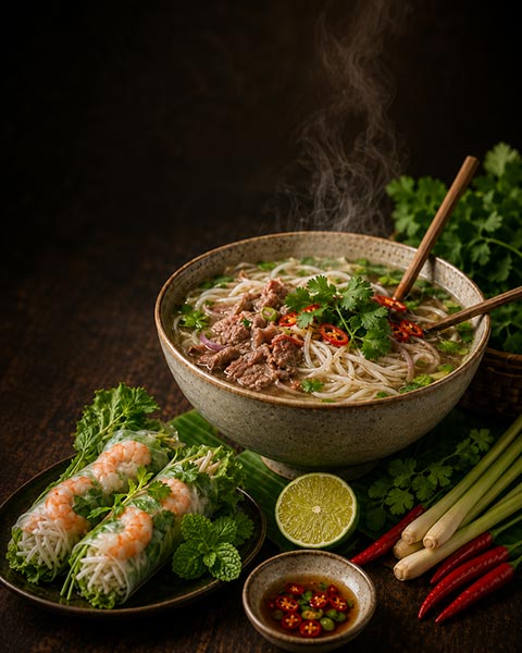 Miska vietnamského phở s hovězím, bylinkami a jarními závitky