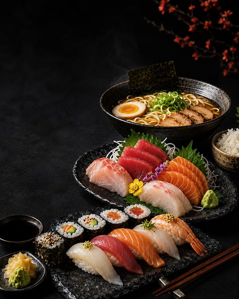 Sushi a sashimi mísa s lososem, tuňákem a ramenem